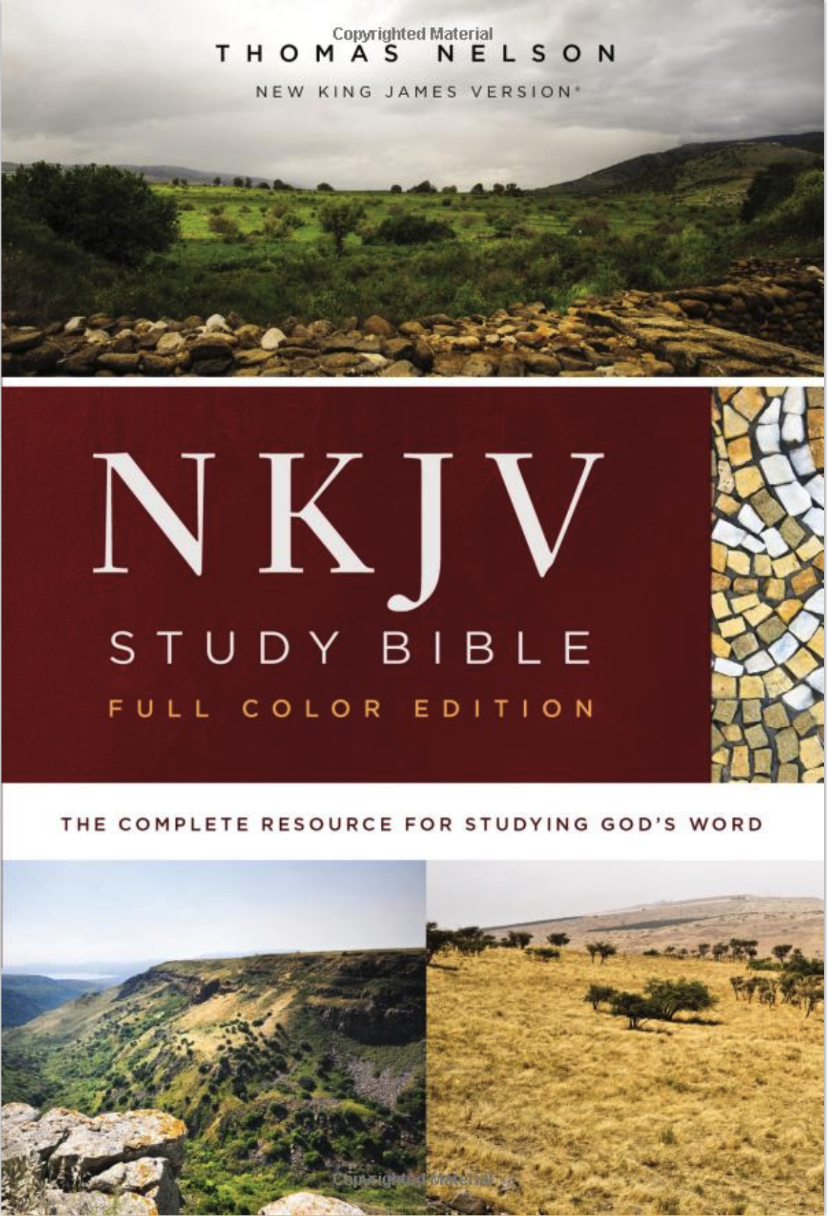 Book cover with multiple photos of land and mountains with title 'NKJV Study Bible Full Color Edition'