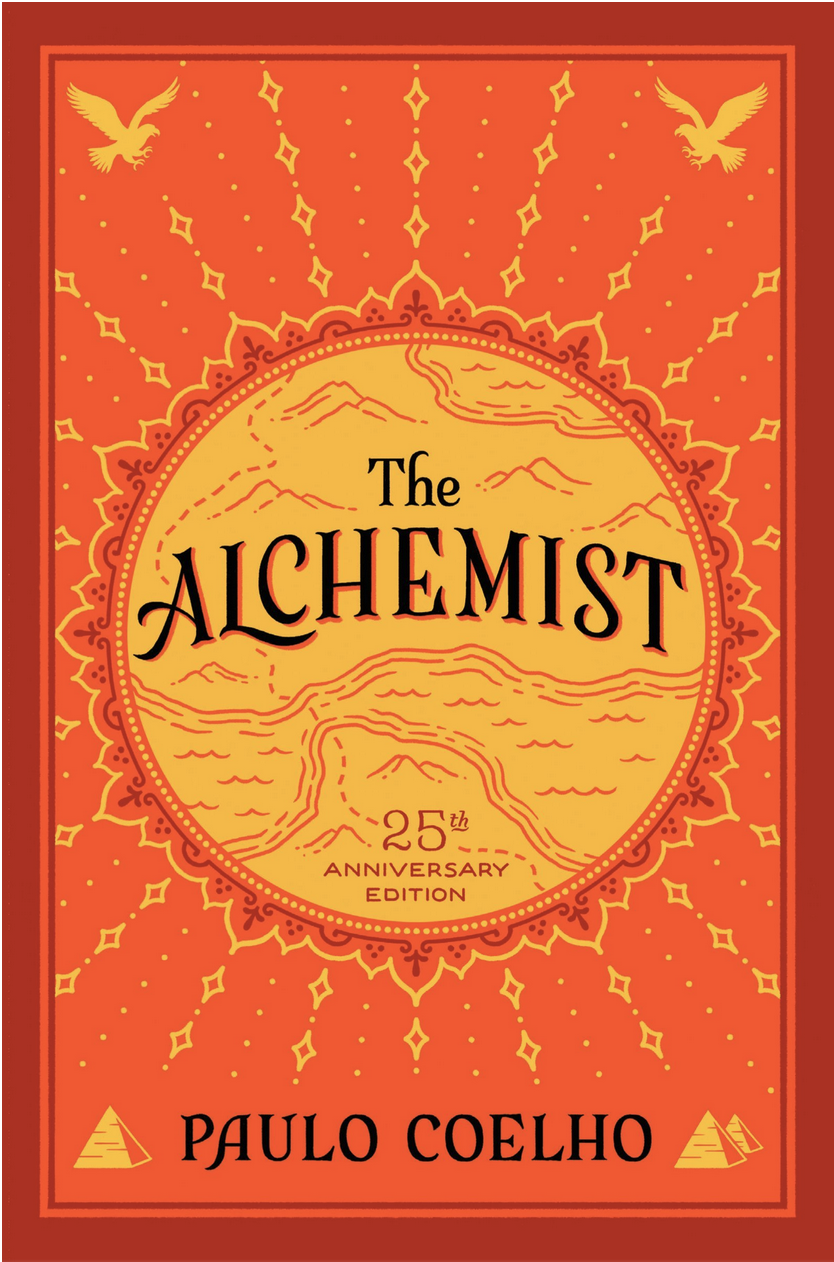 Book cover with title 'The Alchemist by Paulo Coelho'