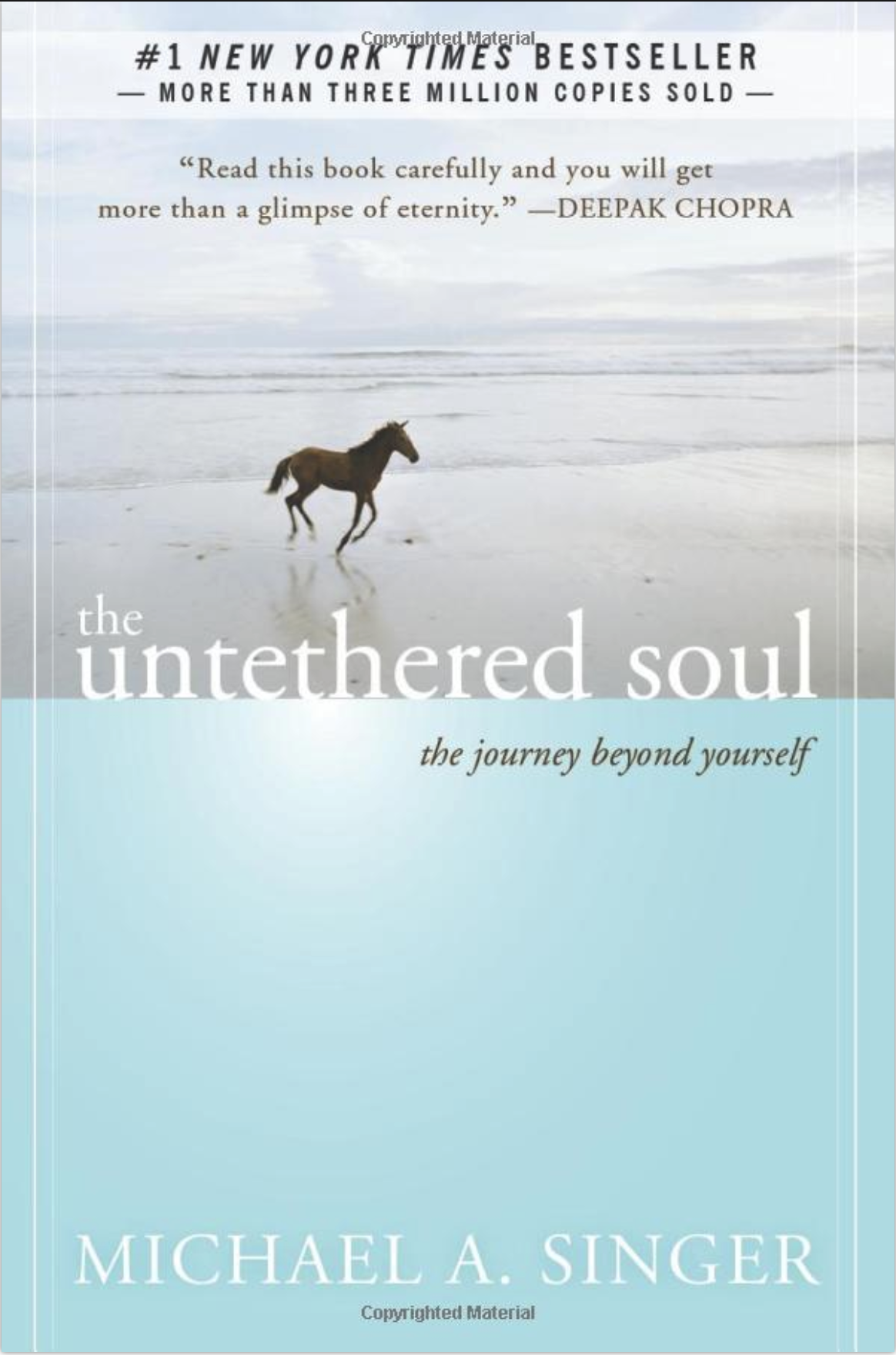 Book cover with a running horse silhouette on a sea shore