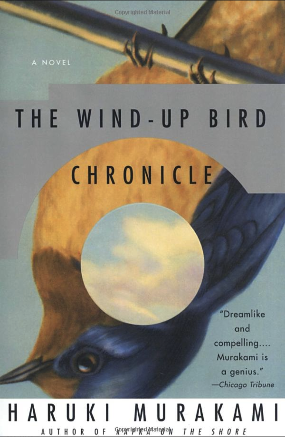 Book cover with an upside down bird and title 'The Wind-Up Bird Chronicle by Haruki Murakami'